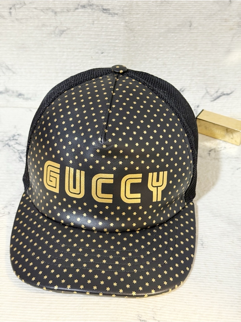 GUCCI x SEGA Black Lambskin Leather Star GUCCY Mesh Baseball Cap Hat (L: 59 cm) - Picture 2 of 16